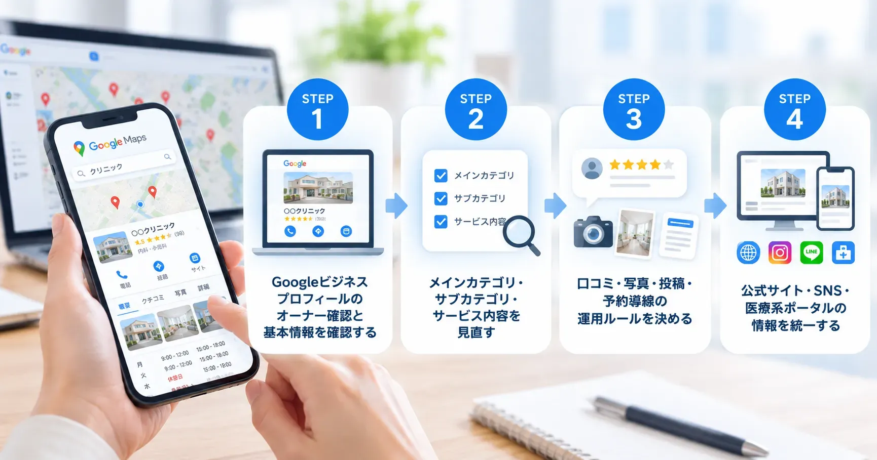 クリニックのMEO対策で実践したいGoogleマップ対策4ステップ